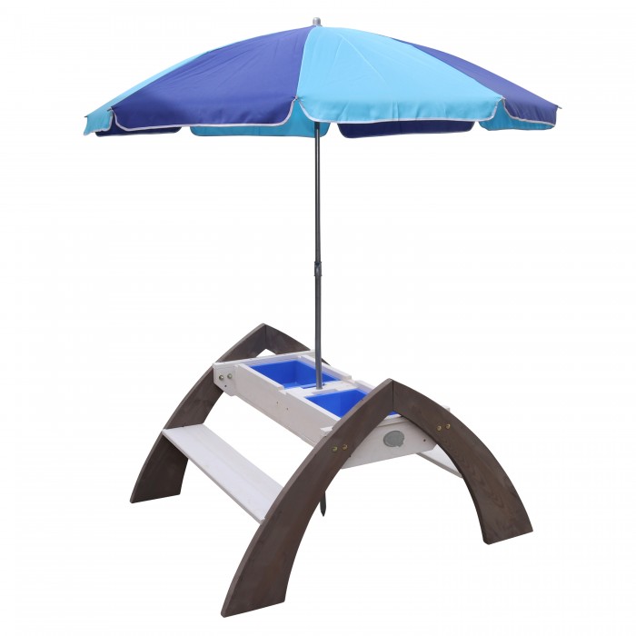 Masuta 2 in 1 Picnic Copii cu Bancute Delta din lemn - Masa Gradina cu umberla pentru activitati  de joaca cu nisip si apa AXI Alb Gri